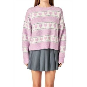 English Factory Heart Stripe Crewneck Sweater in Lavender Pink Size Medium